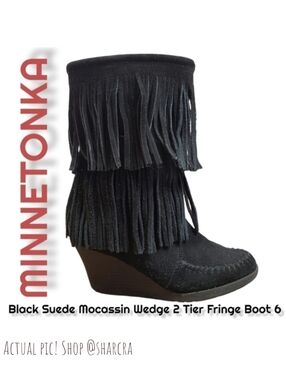 Minnetonka Women Moccasin Double Layer Fringe Wedge Boots Mid Calf Black Suede 6